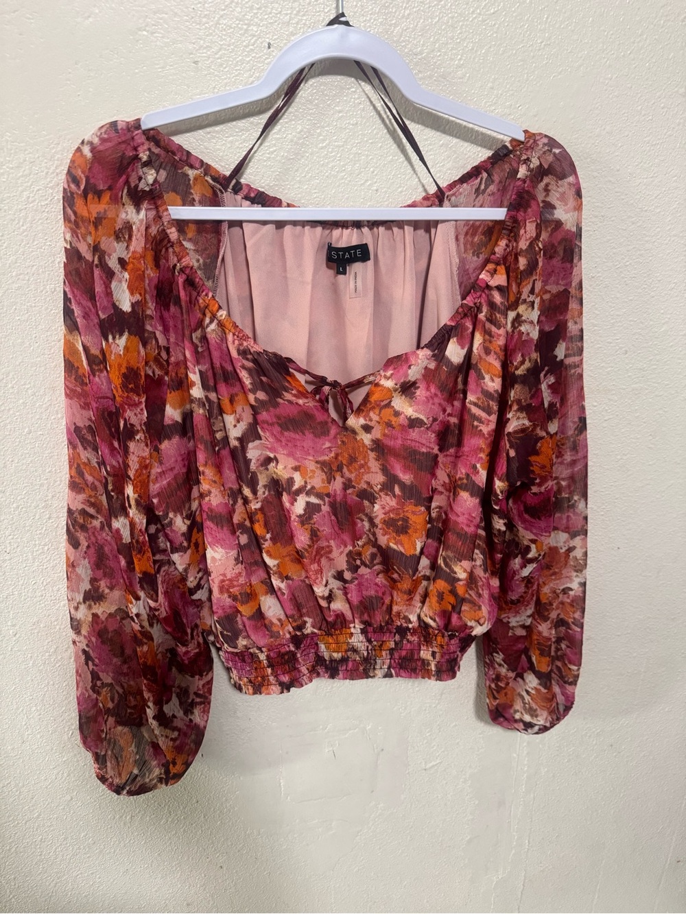 1. State Pink and Orange Floral Peasant Blouse